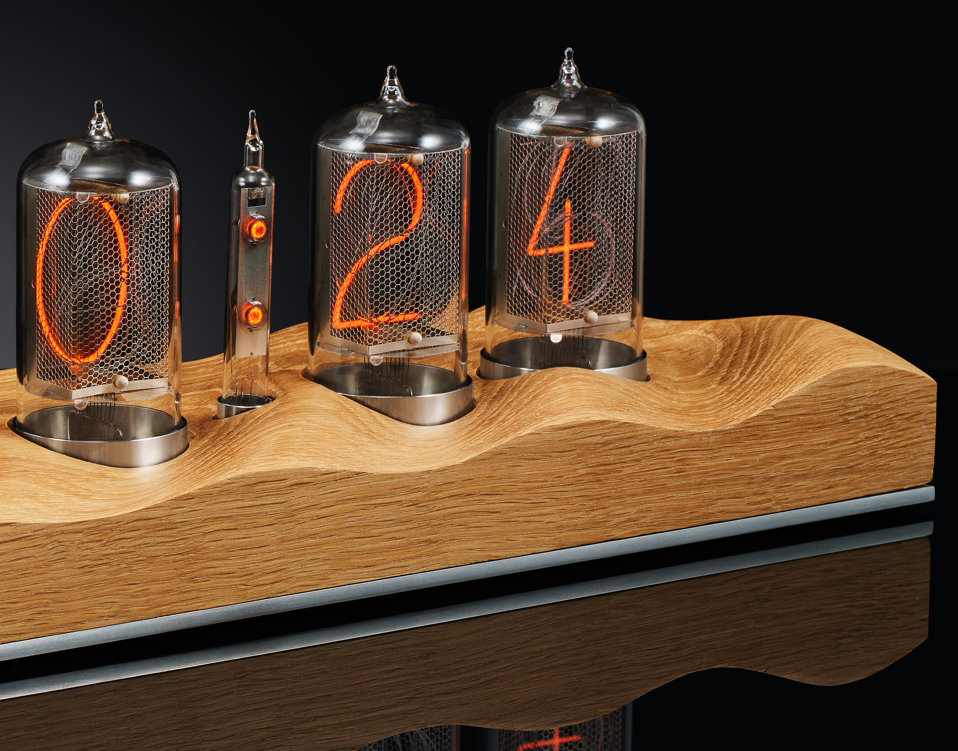 Close up of oak Nixie clock