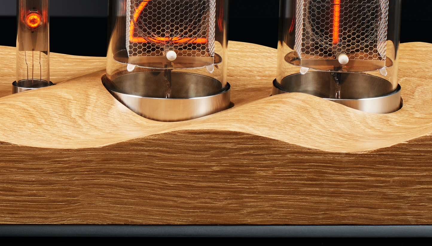 Close up of carved oak base for a nixie clock