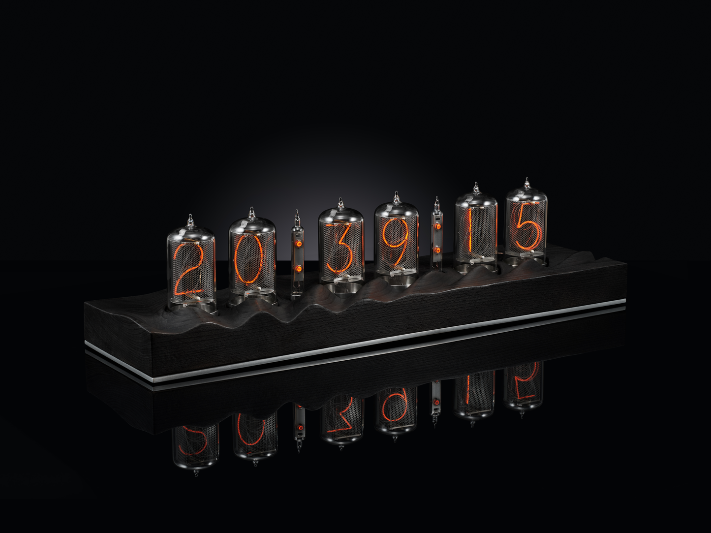 Nixie clock with 6 tubes and a black wood base