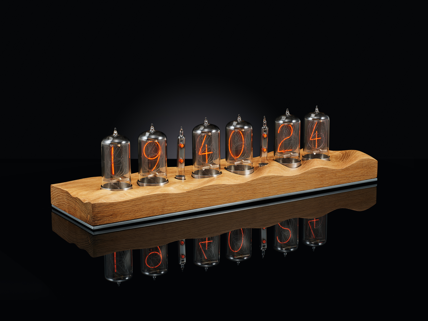 Nixie clock made with 6 tubes and carved oak base